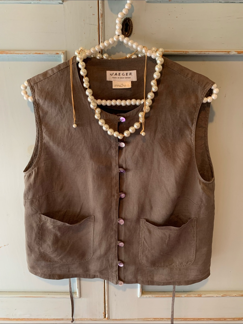 Vintage Iconic Jaeger Made in Britain Linen Olive Vest Size Small